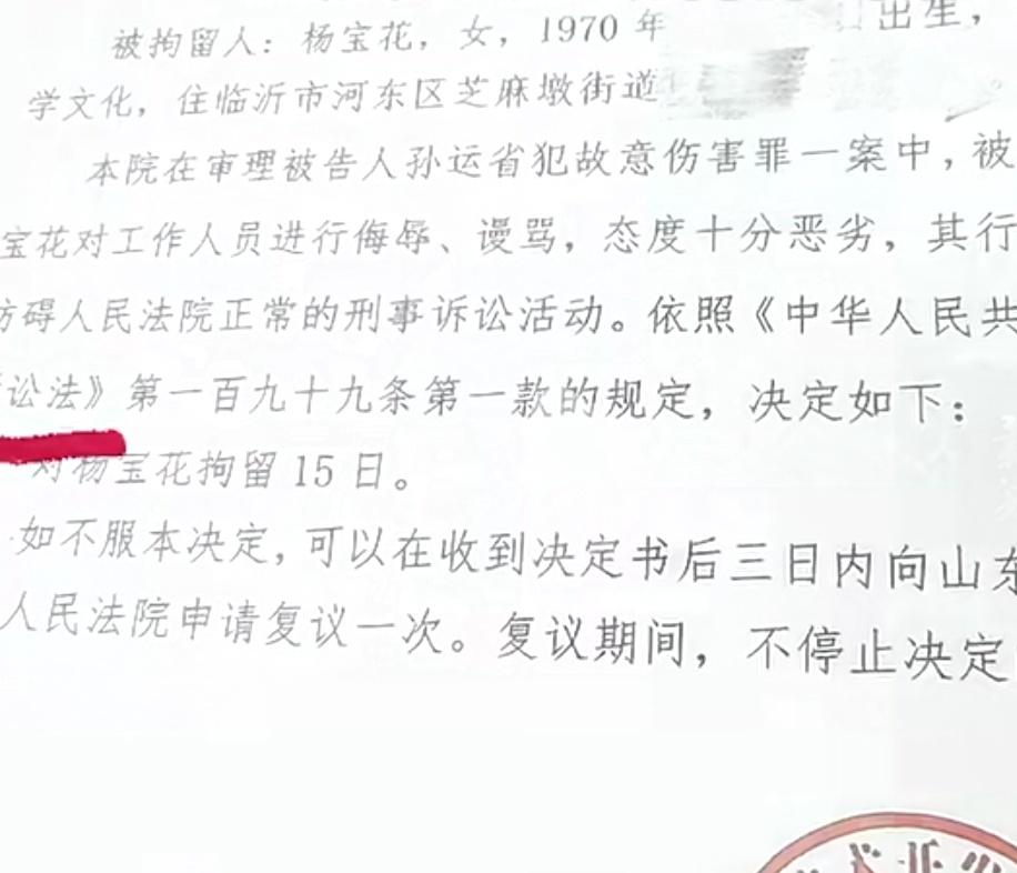 山东临沂，56岁老妇辱骂法官，被罚款10万元，拘留15天。农妇杨宝花因为老公被人