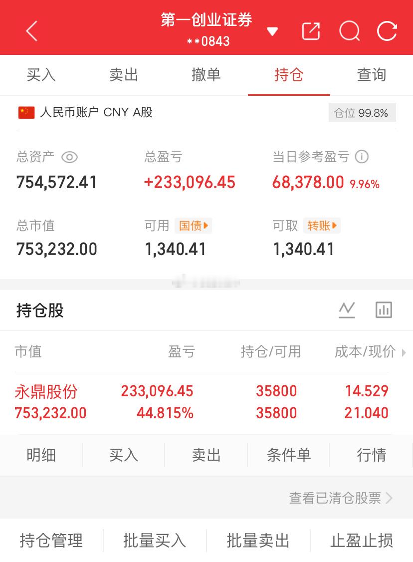 爱股程全职炒股日记40w本金挑战一年翻5倍，第（71）天！总资产：75w当