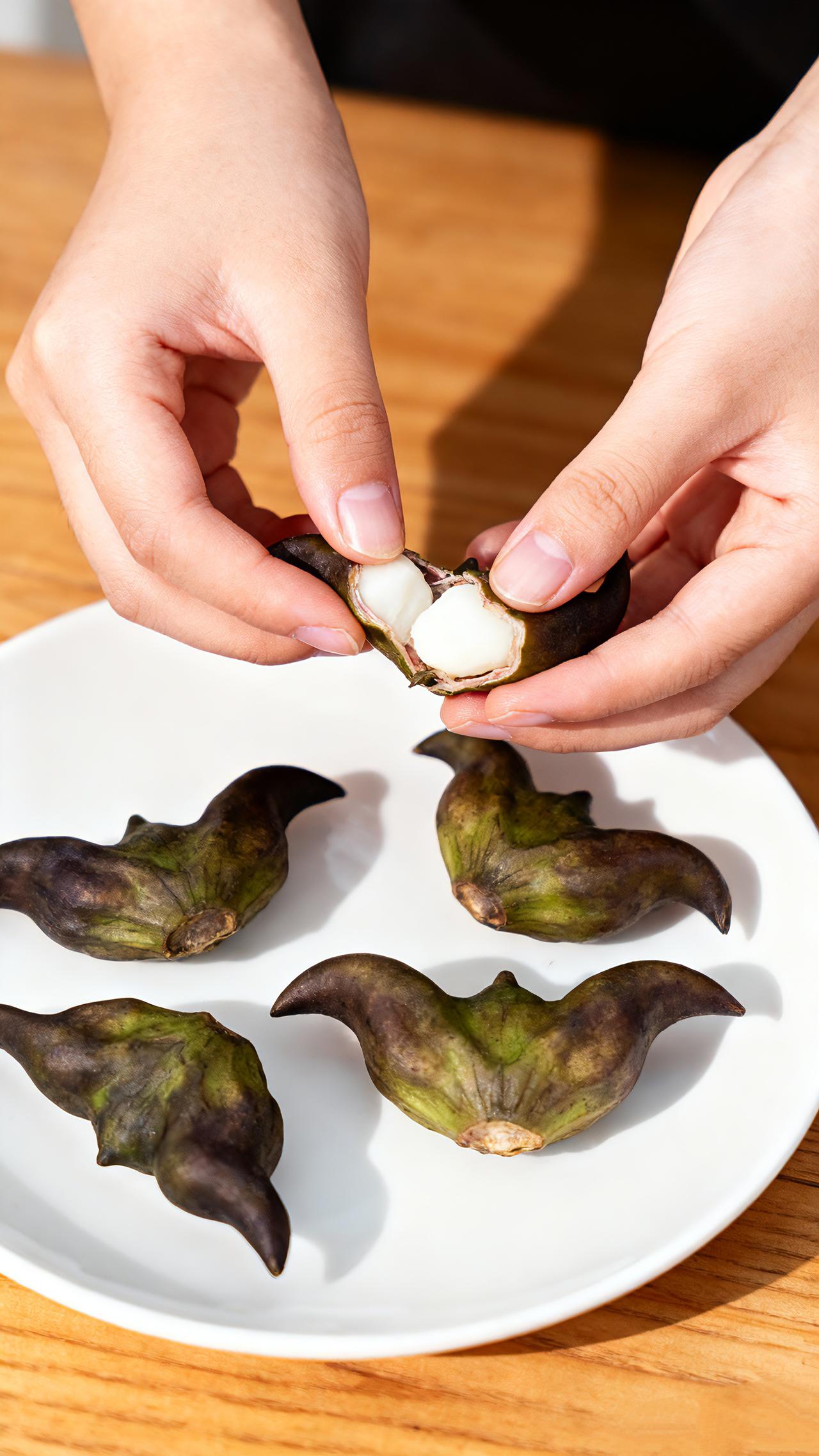 刚拎回袋带壳菱角！先生瞅着直皱眉：这玩意儿咋吃啊？剥着吃呗！他啧了一声摇