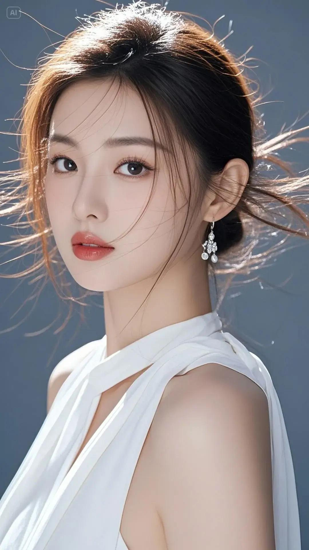 优雅白裙少女，耳畔晶莹耳环，柔光下更显迷人。温柔白裙少女