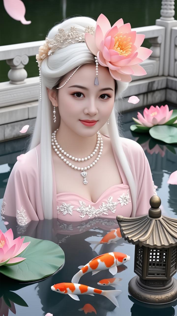 想象一下，在溪瀑边，一位身着汉服的美人与锦鲤共舞，那画面简直美到窒息。就像诗里写