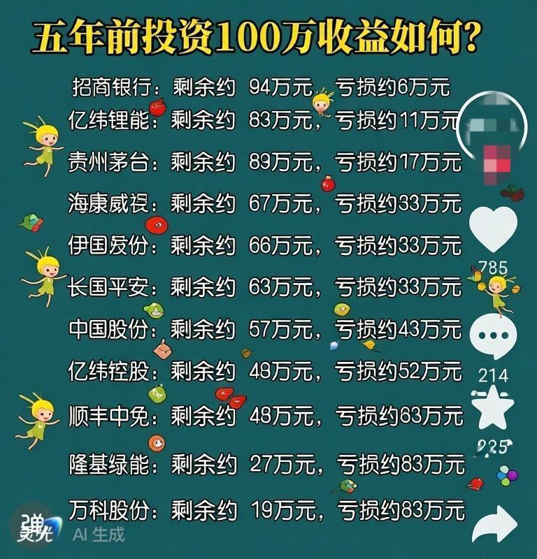 五年前投资100万，这些股票的最终剩余价值如何？1.招商银行：剩余约94万元