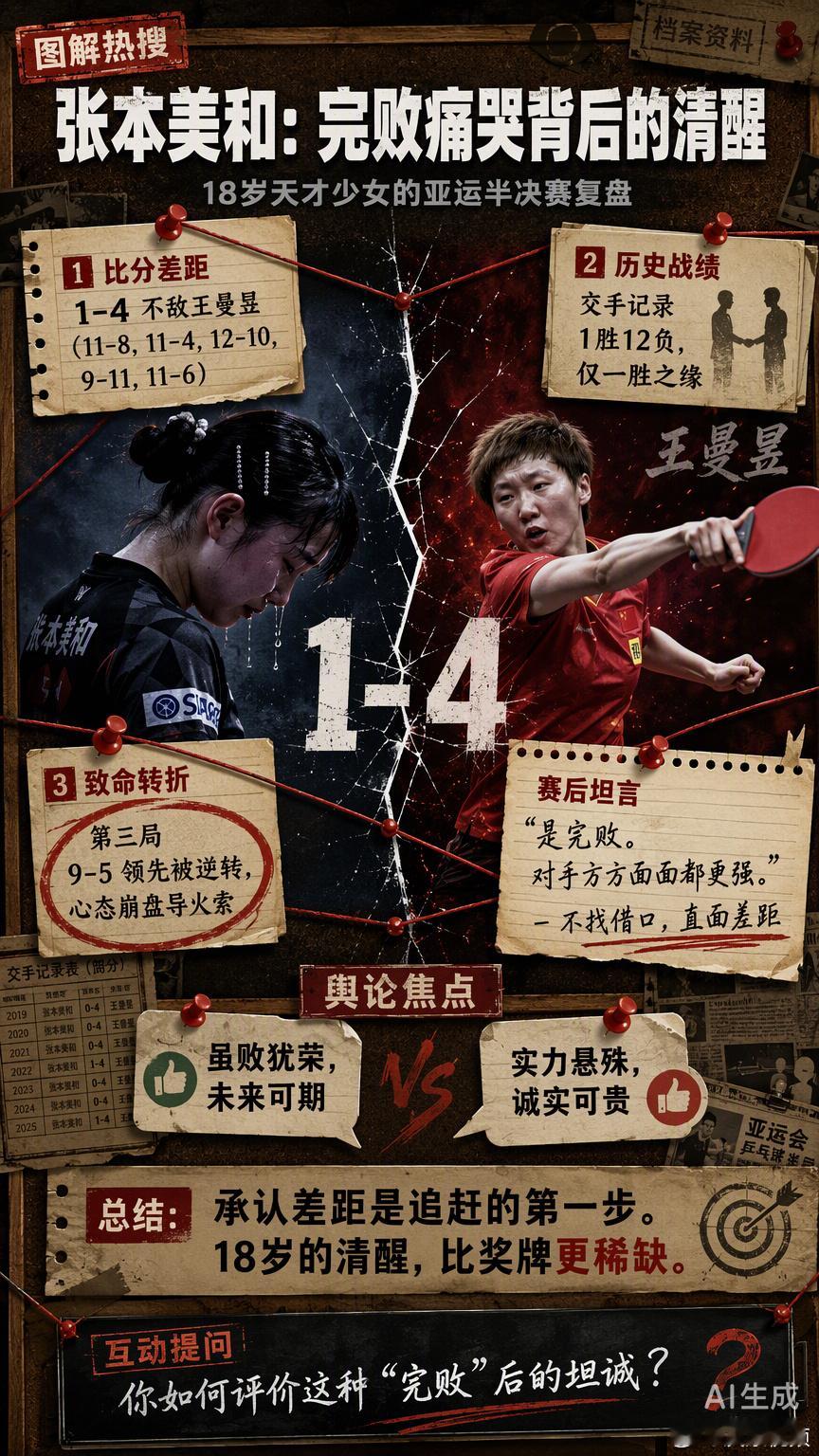 张本美和这次输得不冤。1比4的比分背后，是1胜12负的交手记录。在第三局9比5领先被王曼昱连追7分逆