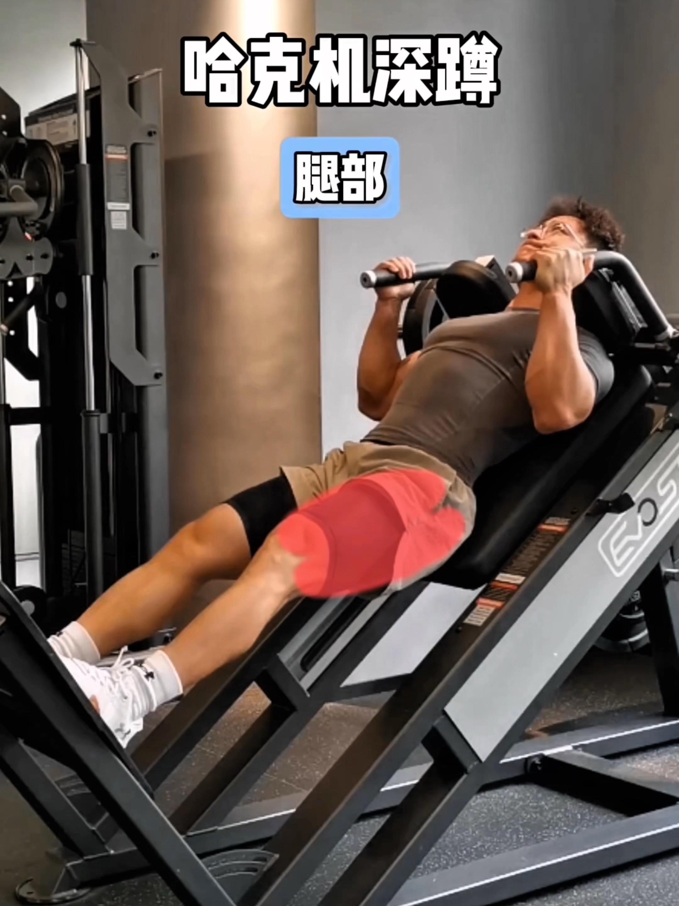 哈克机深蹲，保姆级教程！ 一、目标肌群 哈克机深蹲，腿部 二、练前准备...