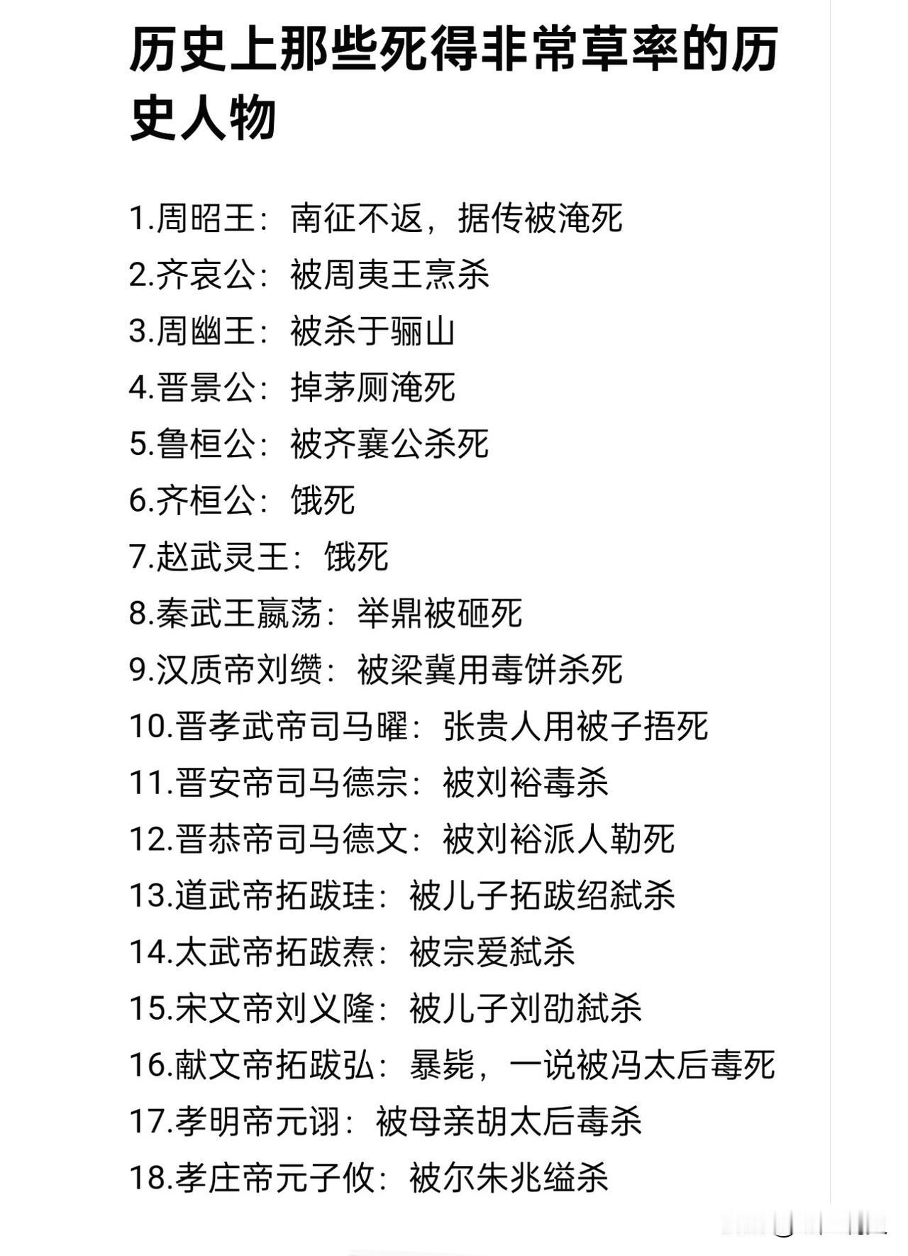 历史上那些死得非常草率的帝王，有被烹杀的，有掉茅厕淹死的，有被棉被捂死的，有被饿