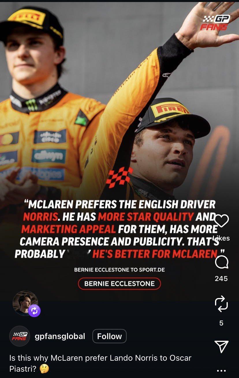 皮亚斯特里就自己转发伯尼关于迈凯伦车队更希望诺里斯夺得F1世界冠军的评论一事作出