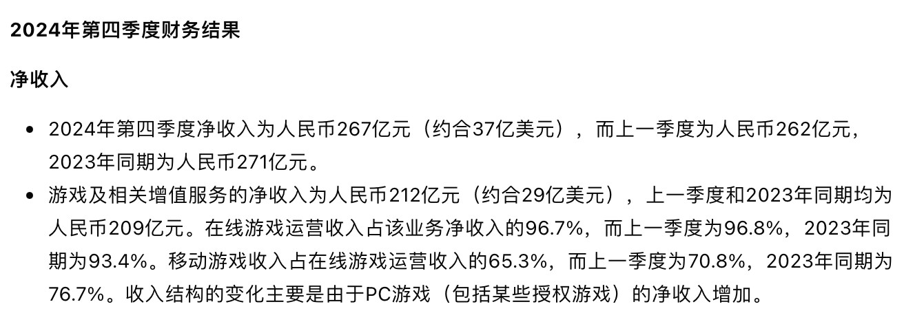 【网易2024全年游戏收入836亿元】网易昨日发布2024年第四季度及全年财