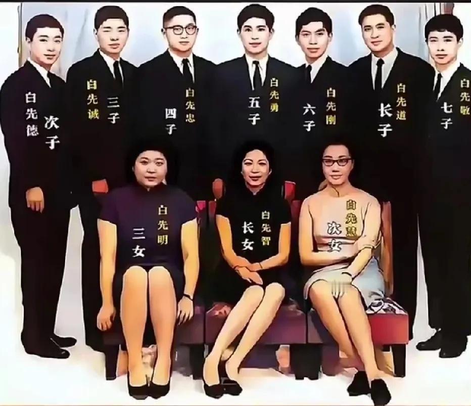 60年代末，白崇禧10个子女留下的大合影，镜头中三个女儿先智、先慧、先明坐在前排