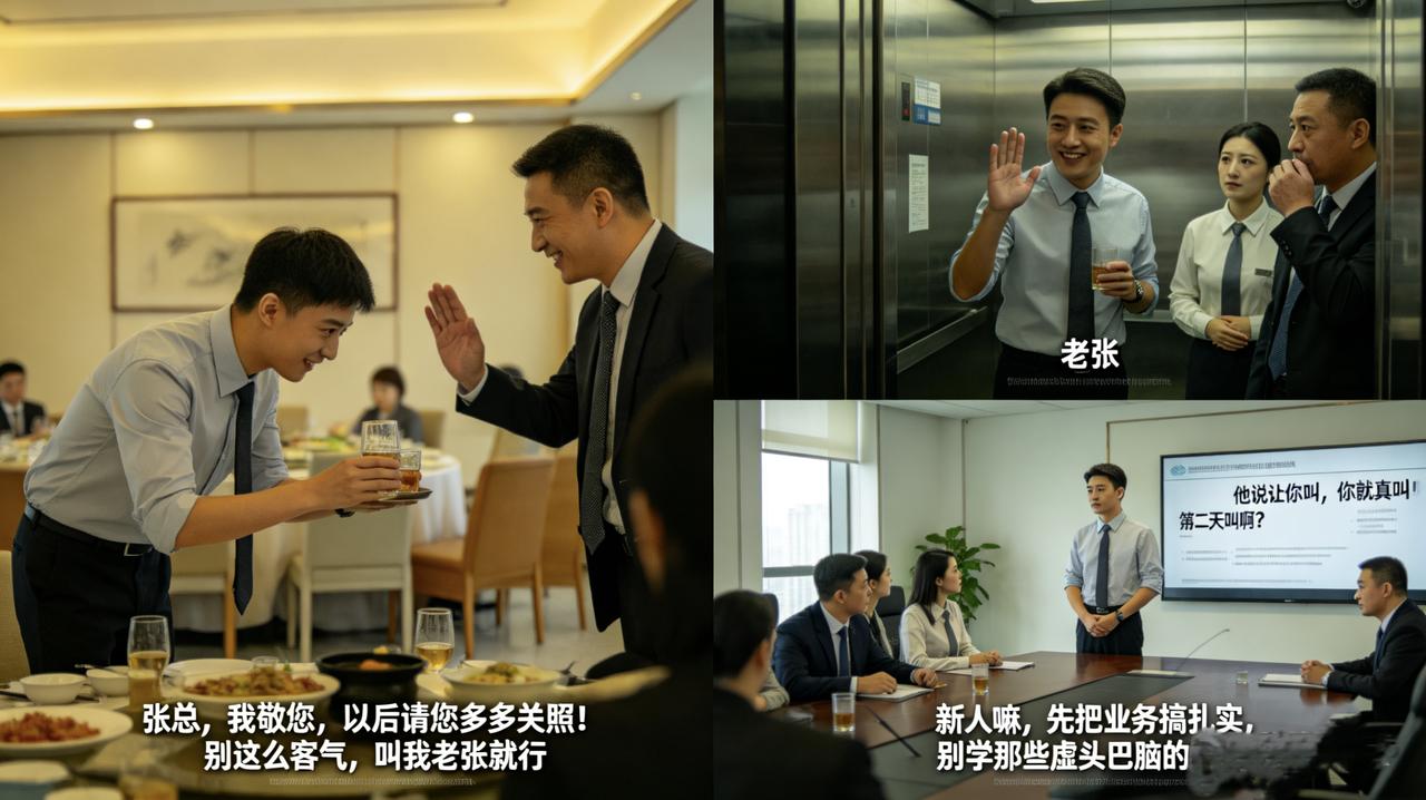 公司聚餐，新人小周挨个敬酒。到副总跟前，他双手端杯，腰弯成九十度：“张总，我敬