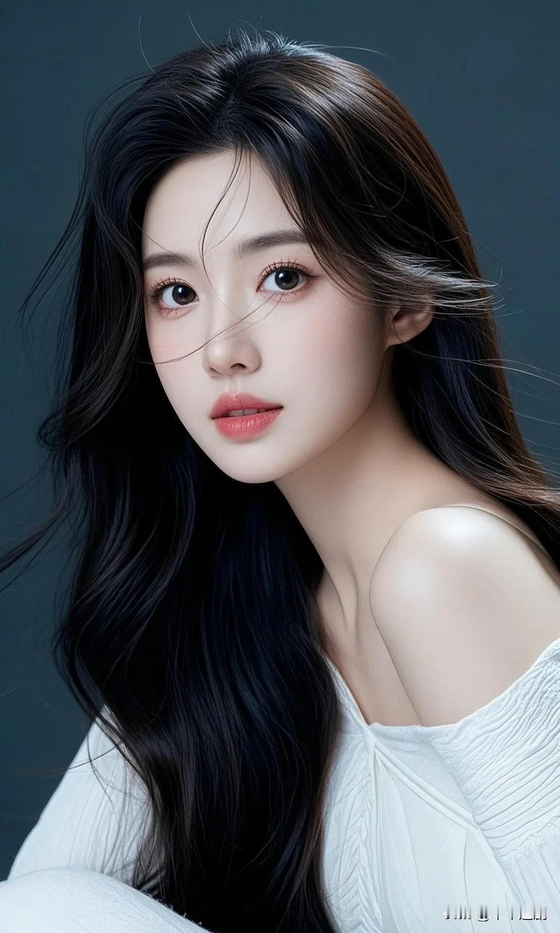 米白肌理露肩衫衬着冷灰背景，蓬松卷发搭配揉出清冷又纯欲的氛围感☁️气质黑高级裙