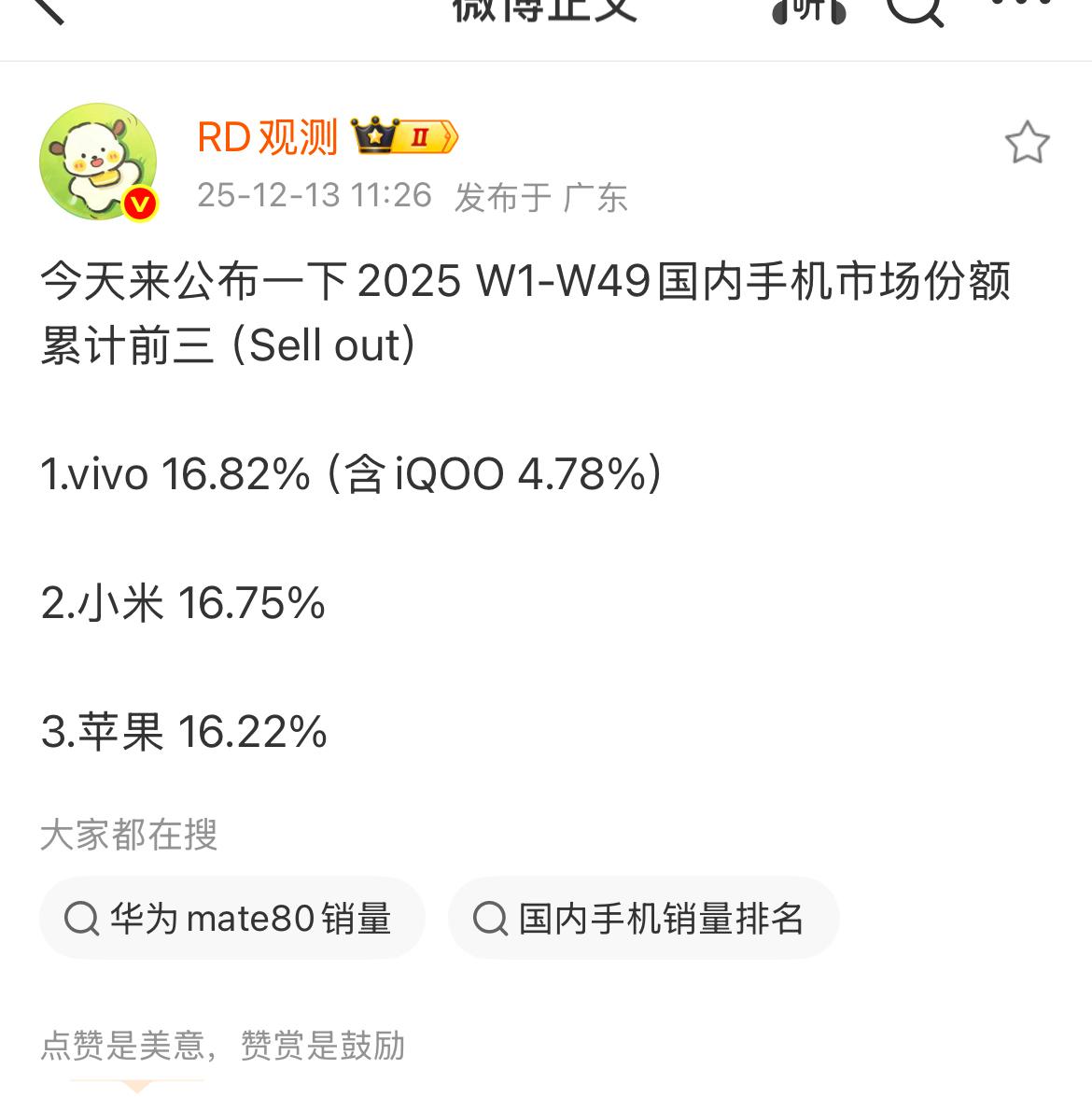 你就是说破了天，小米也是第二啊。Rd观测的数据准度不用多说了吧，2025年第一周
