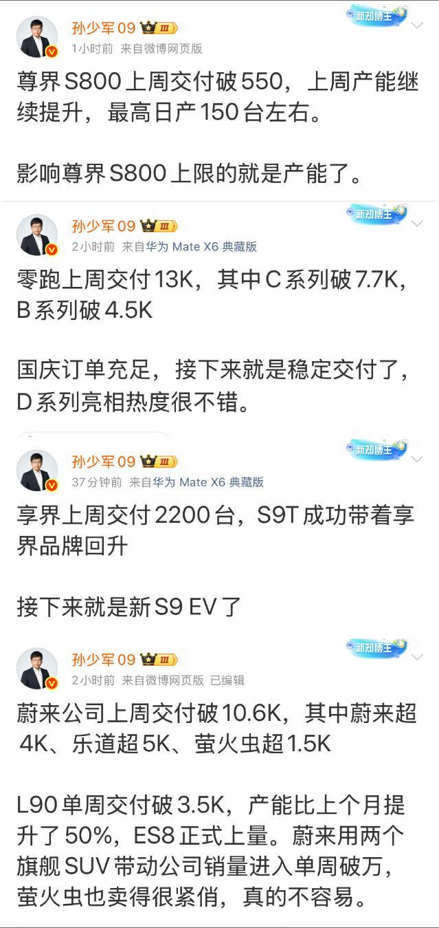 零跑上周销量达1.3万台，其中C系列超7700台、B系列超4500台，大概率继续