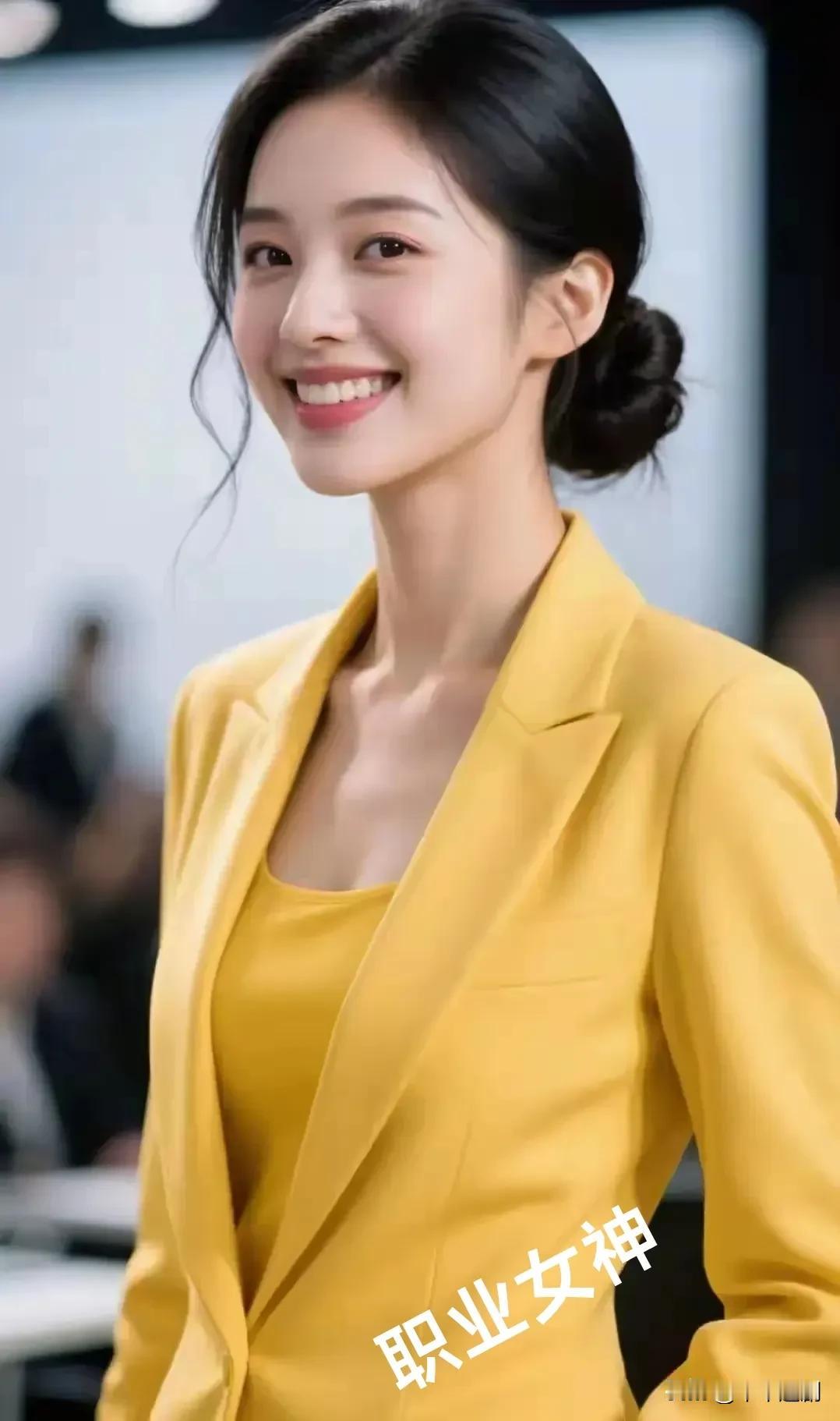 明黄西装套装利落干练，低盘发衬出优雅颈线，她在职场里绽放自信光芒，将专业与魅力完