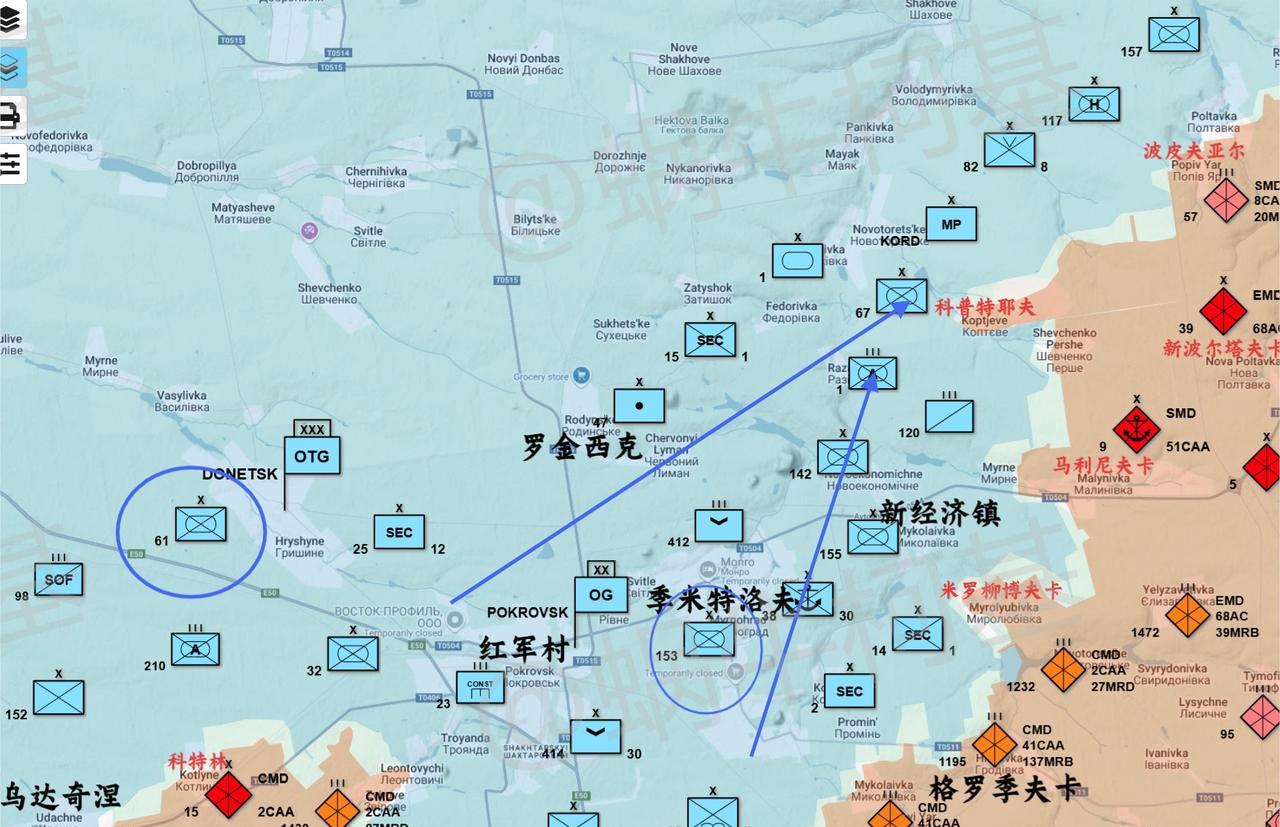 在俄军冲击新经济镇之前，乌军将驻守红军村的精锐，乌军第1突击团和第67机械化旅调