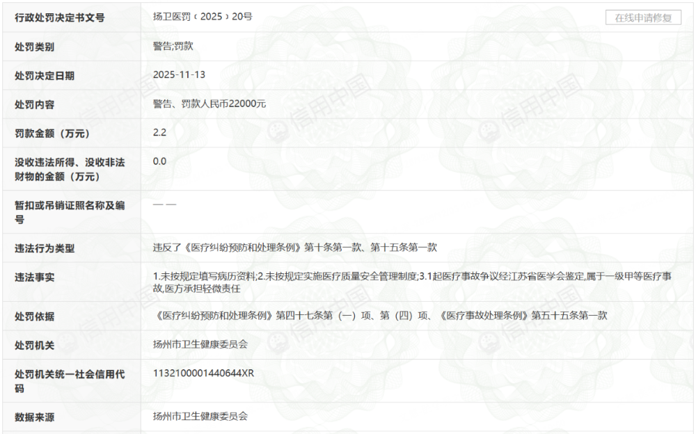 发生一级甲等医疗事故, 一三甲医院被处罚