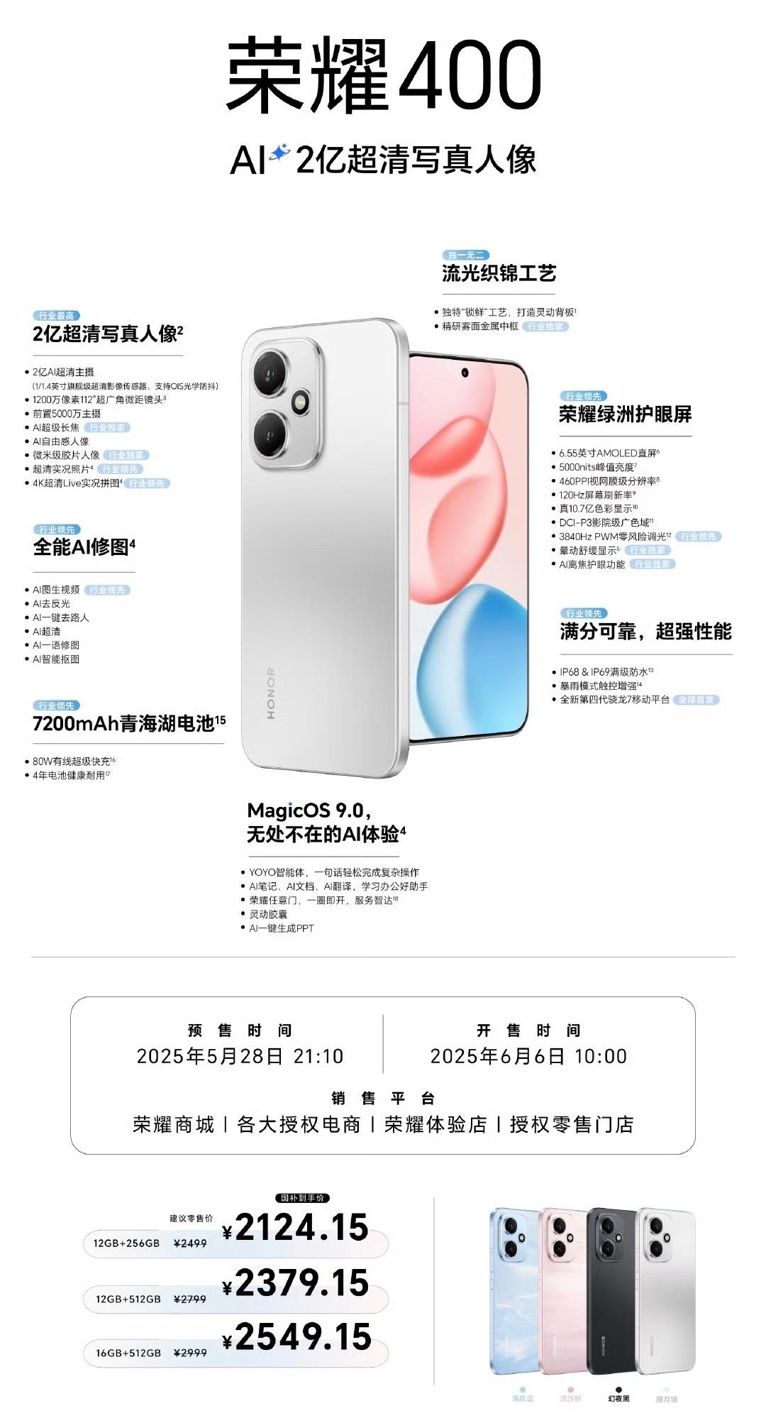 荣耀400系列快开售了，这产品力也是嘎嘎强，2亿超清写真人像，颜值也很在线，加上