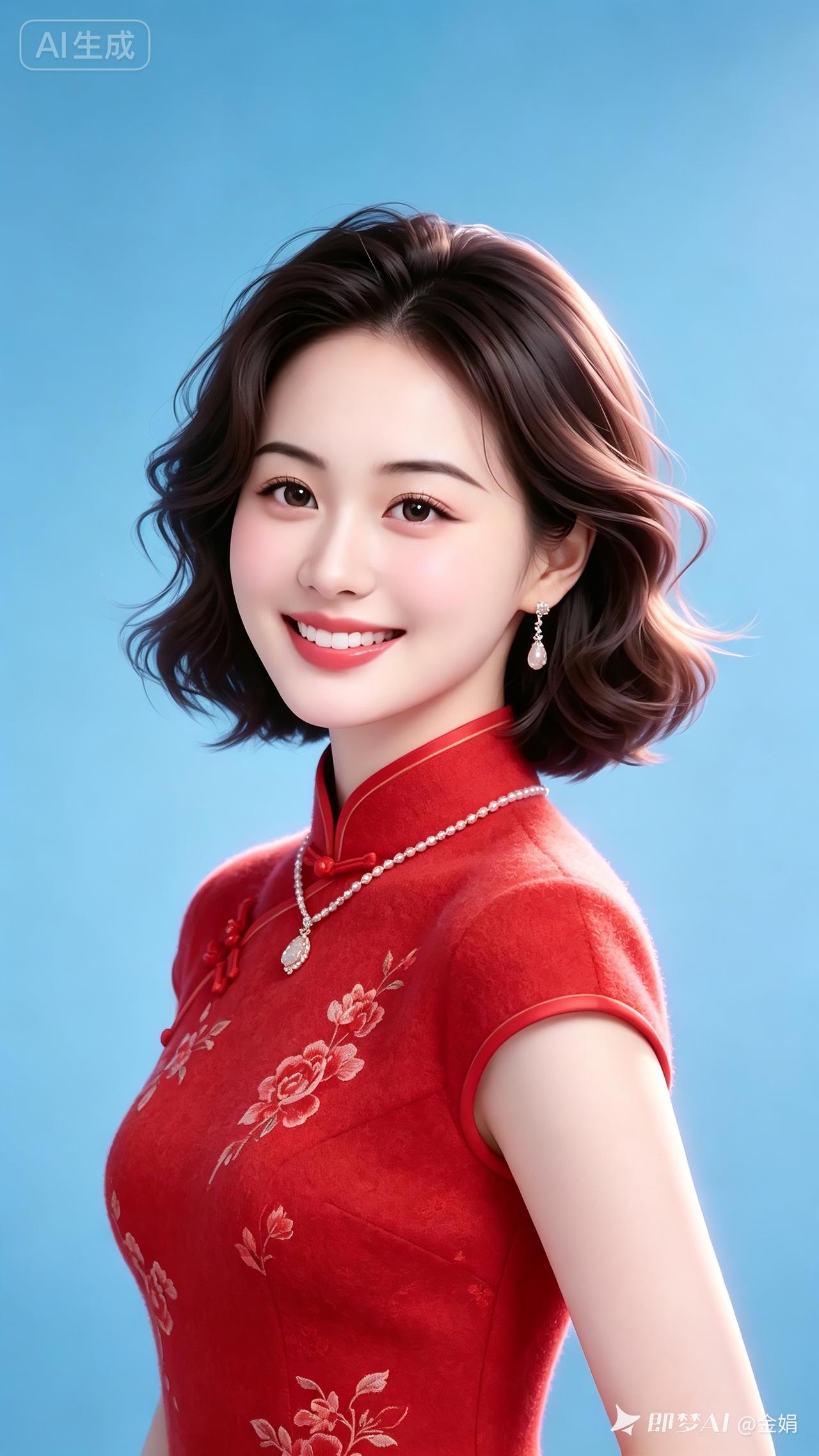 鹅蛋脸冷白皮少女，蓬松微卷短发，苏绣红羊绒旗袍配精致首饰，回眸露六颗白齿甜笑，三