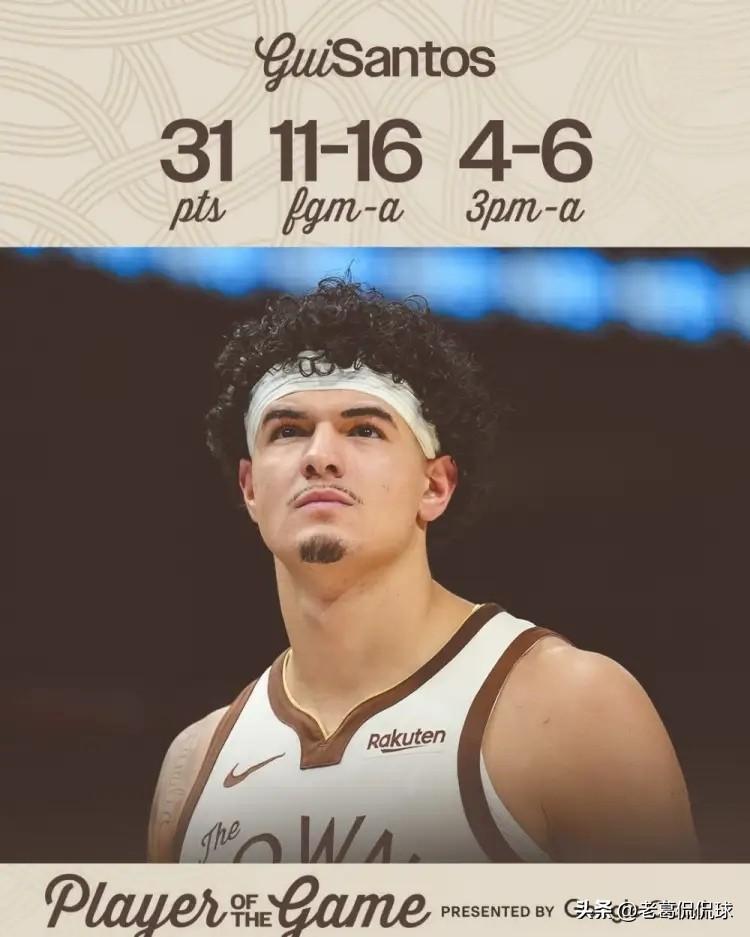 勇士新星桑托斯真是当之无愧！在今天勇士主场以109：106力克篮网的赛后，勇士官