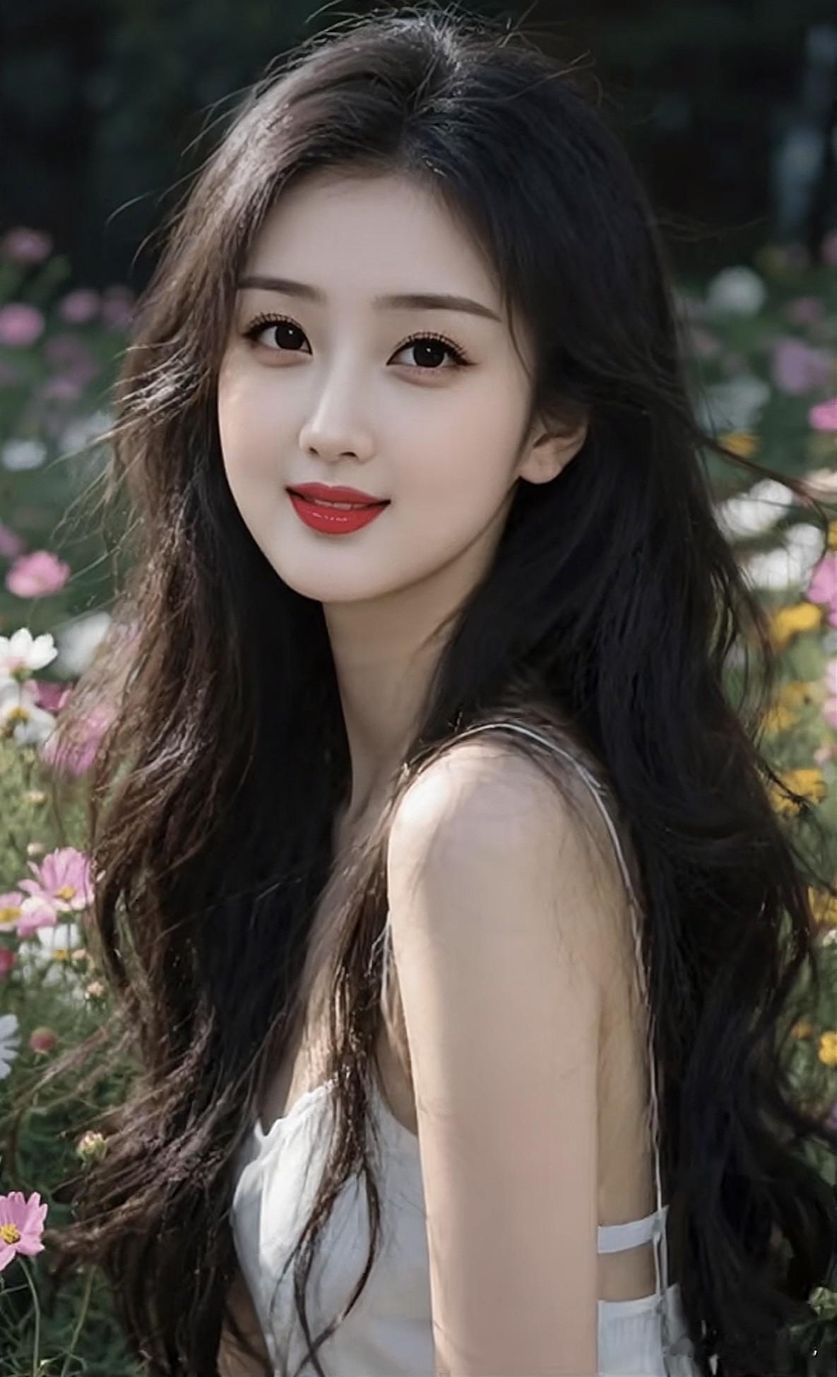 花海中的少女，红唇轻启，美得如梦如幻。紫色花海少女花海少女感花海少女照花海