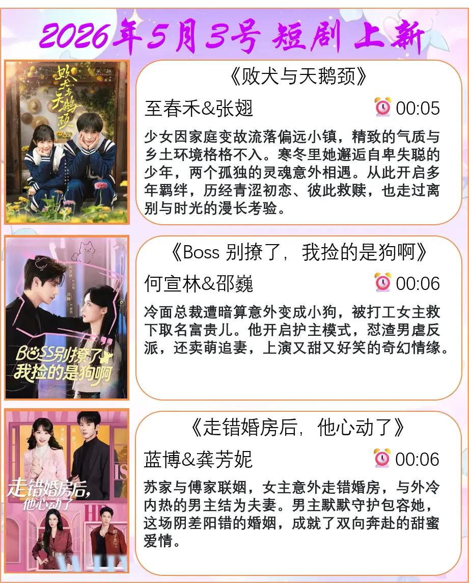 🔥📺5月3日短剧预告清单✨🔥1.🦢《败犬与天鹅颈》主演：至春禾、