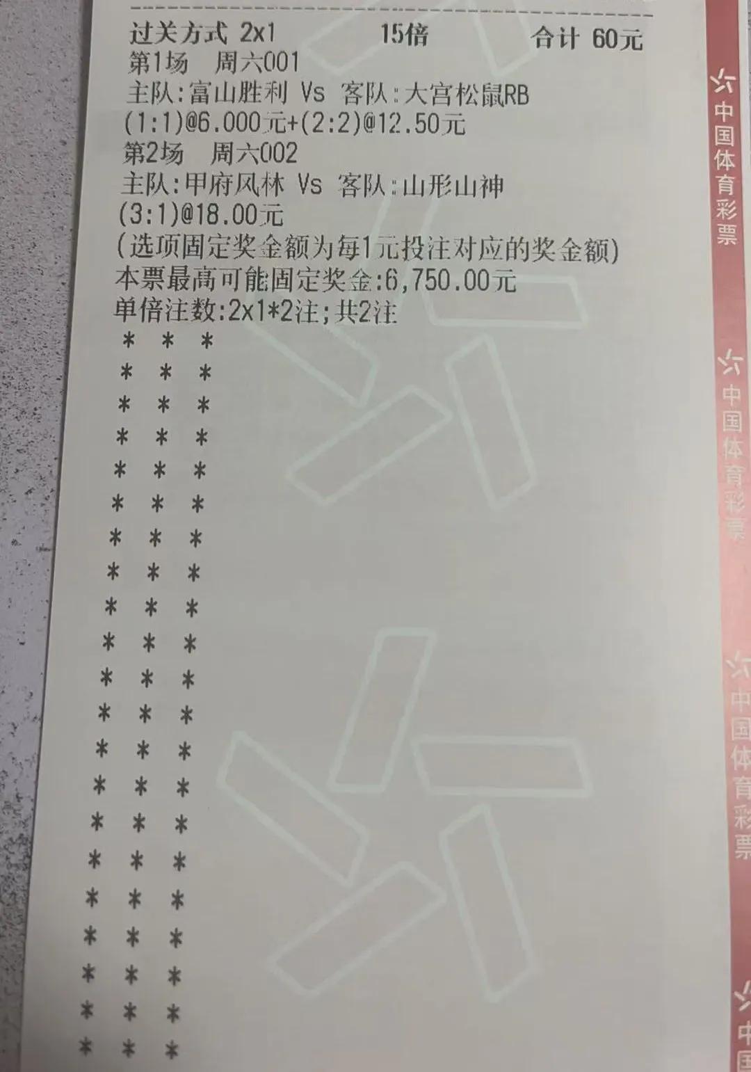 这是一张体育彩票的投注单。