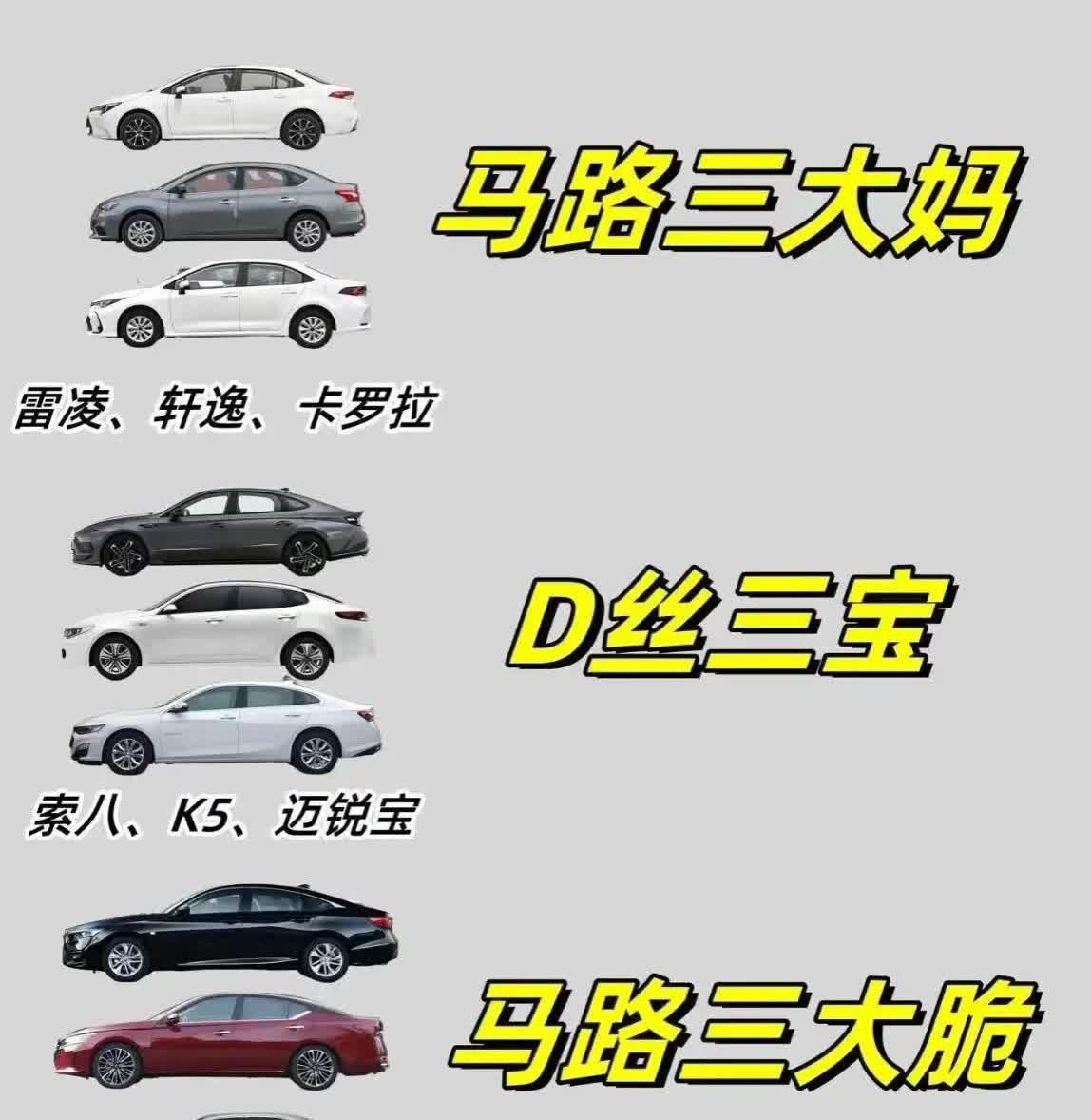雷凌，卡罗拉属于丰田，轩逸属于日产，索八也就是索纳塔八，属于现代，k5属于起亚，