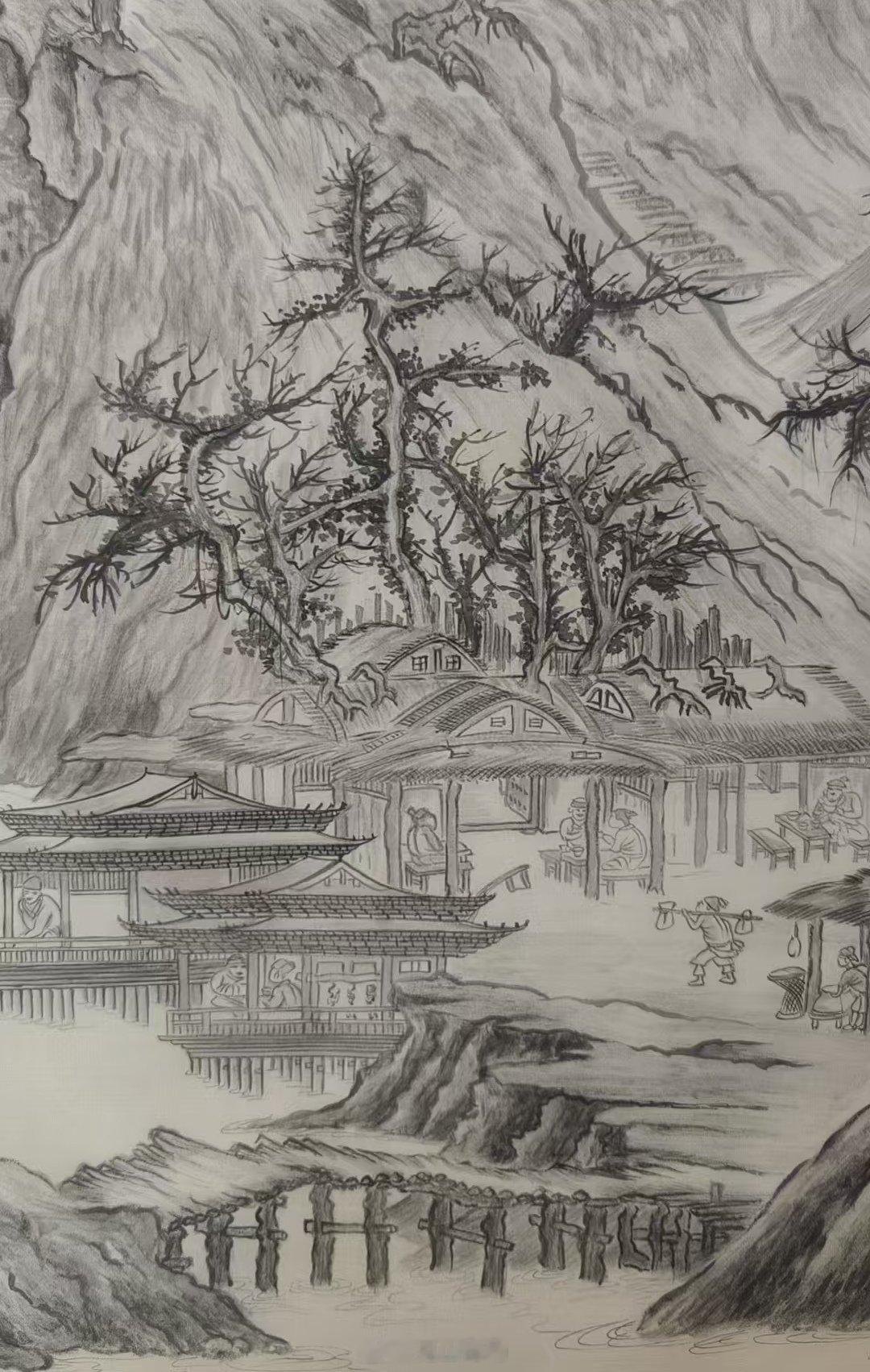 纯手绘《晴峦萧寺图》绢本工笔山水国画已经卷轴装裱，画面干净边角完整，历时两月完成