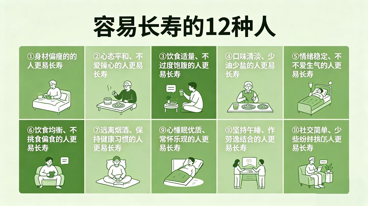 容易长寿的12种人①身材偏瘦的人更易长寿！②心态平和、不爱操心的人更易