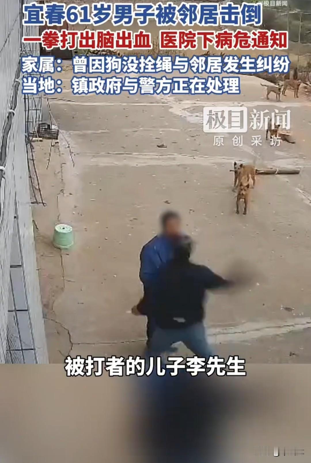 宜春老人被打成脑出血，施暴者就是他的邻居。从视频中可以看出，两家房子就紧紧挨在