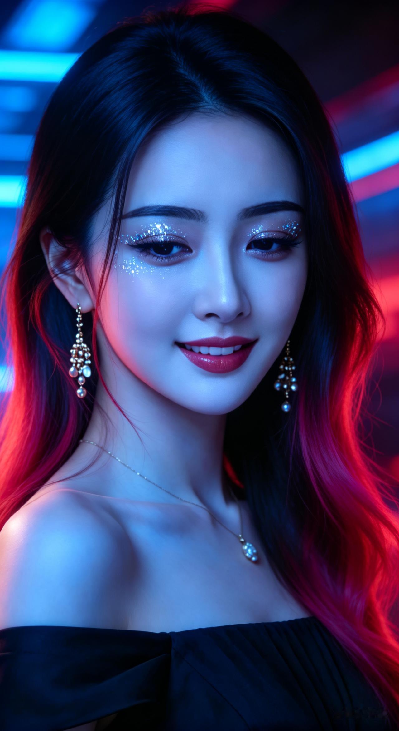 女性面部特写，黑红渐变长发柔亮，玫红发尾氛围感十足。碎发轻贴脸颊，碎钻闪片眼妆搭