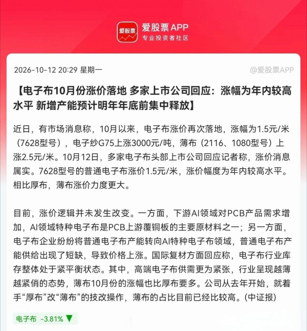 电子布估计要疯狂了利好又来了，电子布涨价实锤了，又一轮涨价落地，明天电子布概念要