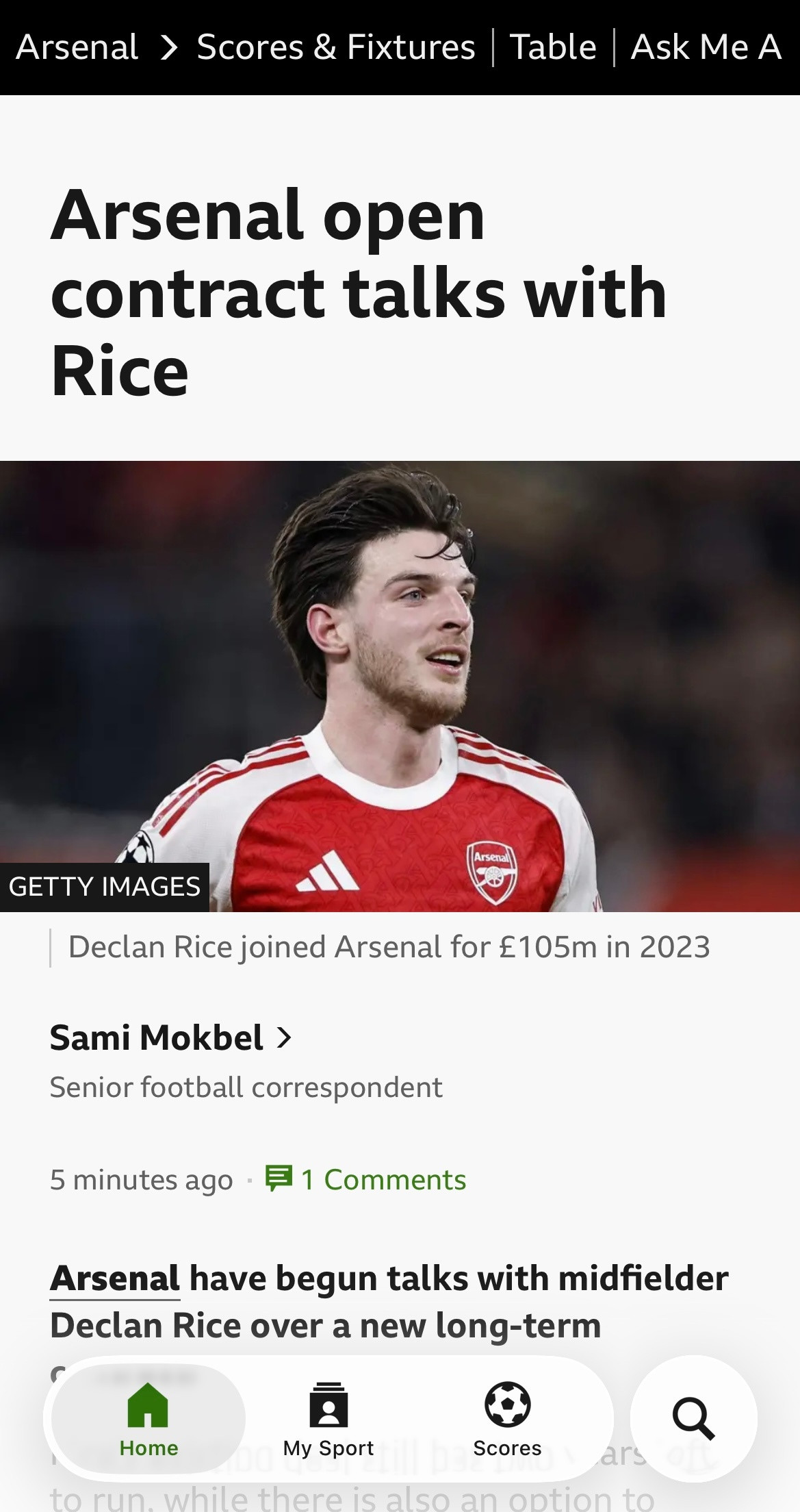 BBCSportSamiMokbel独家：阿森纳已就一份新的长期合同与中场