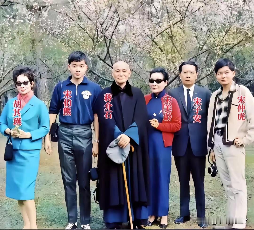这张照片拍摄于60年代,蒋中正陪同宋家人一起在梅林赏梅的情景照,大家知道宋家这些