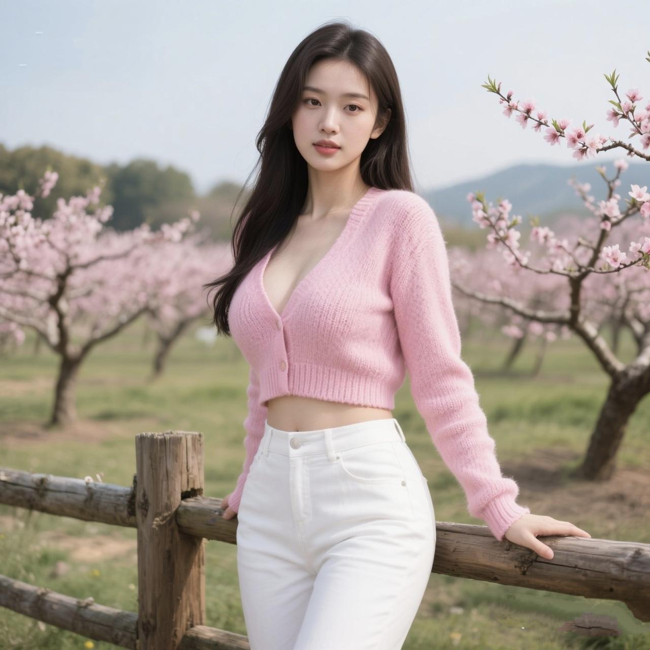《桃林里的粉色风》春风轻叩桃林的门枝桠间，粉白的花正慢慢苏醒你靠在