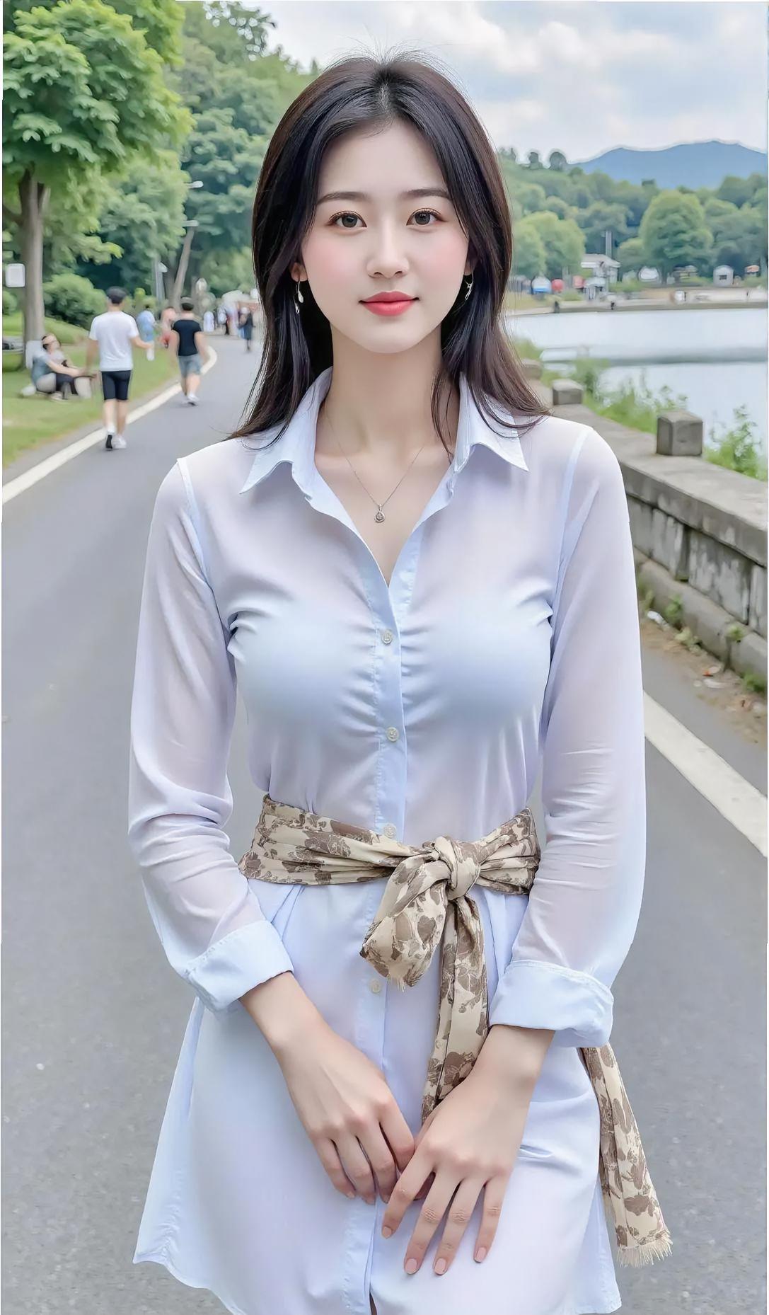 湖风轻轻吹过，白衬衫盛着晴光。丝巾在腰间打结，像系住一缕闲适。树