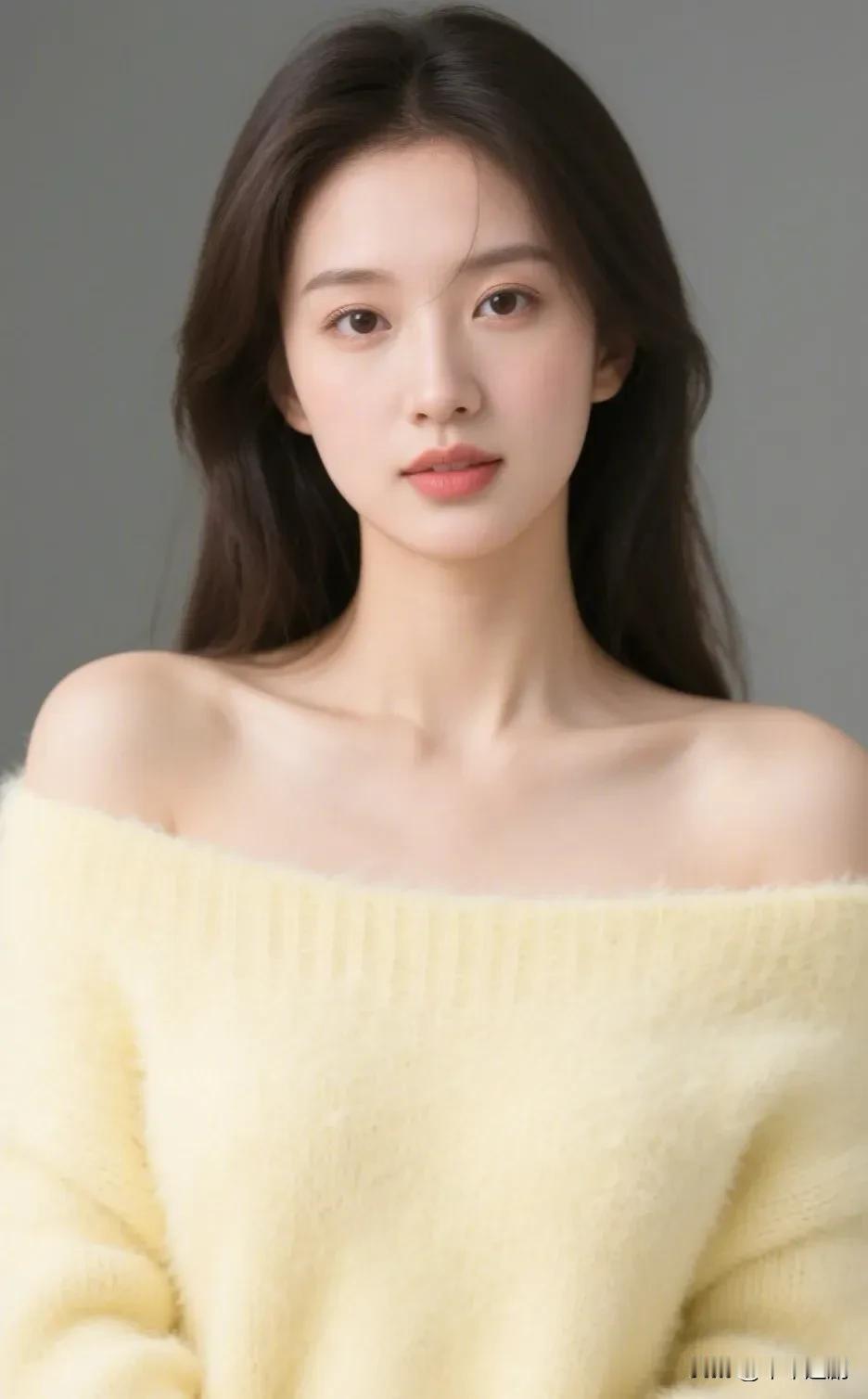 鹅黄色毛衣轻裹肩头，绒毛质感在光影里软得像云朵，一字肩的弧度里，藏着一份慵