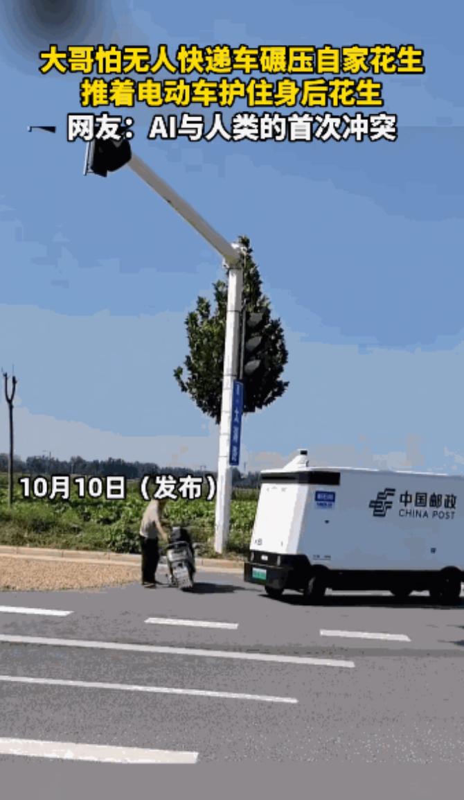“笑不活了！”10月10日，一农民将花生放在马路上晾晒，谁知突然开过来了一辆无人