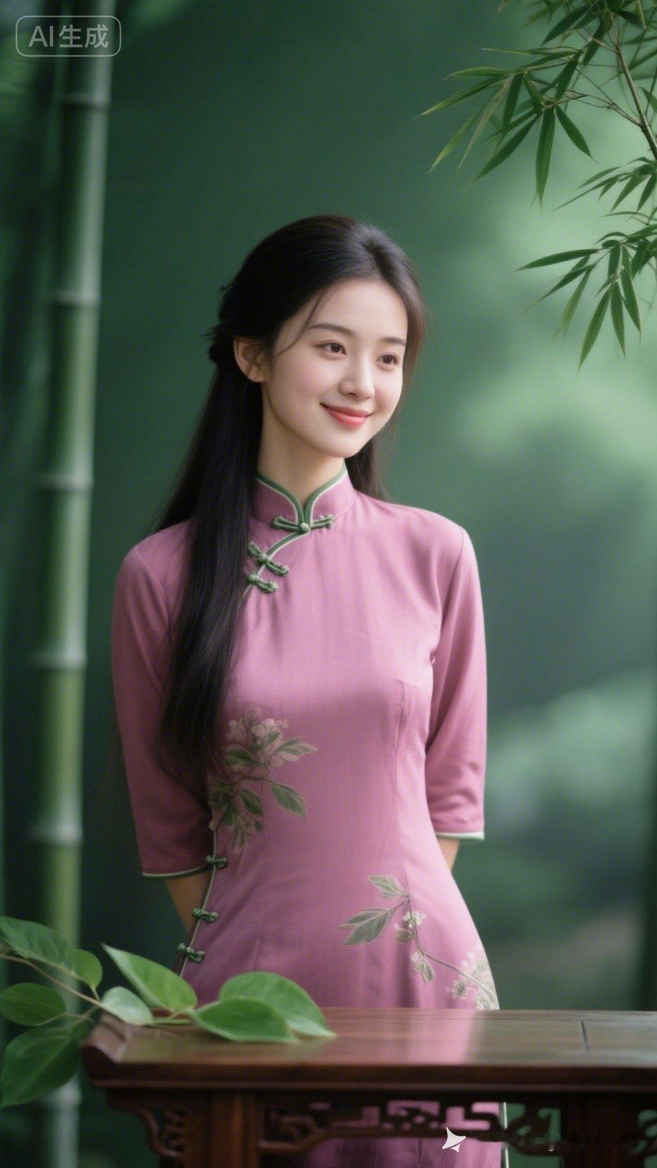温婉的粉色旗袍，竹林中的古典美人，尽显东方韵味。