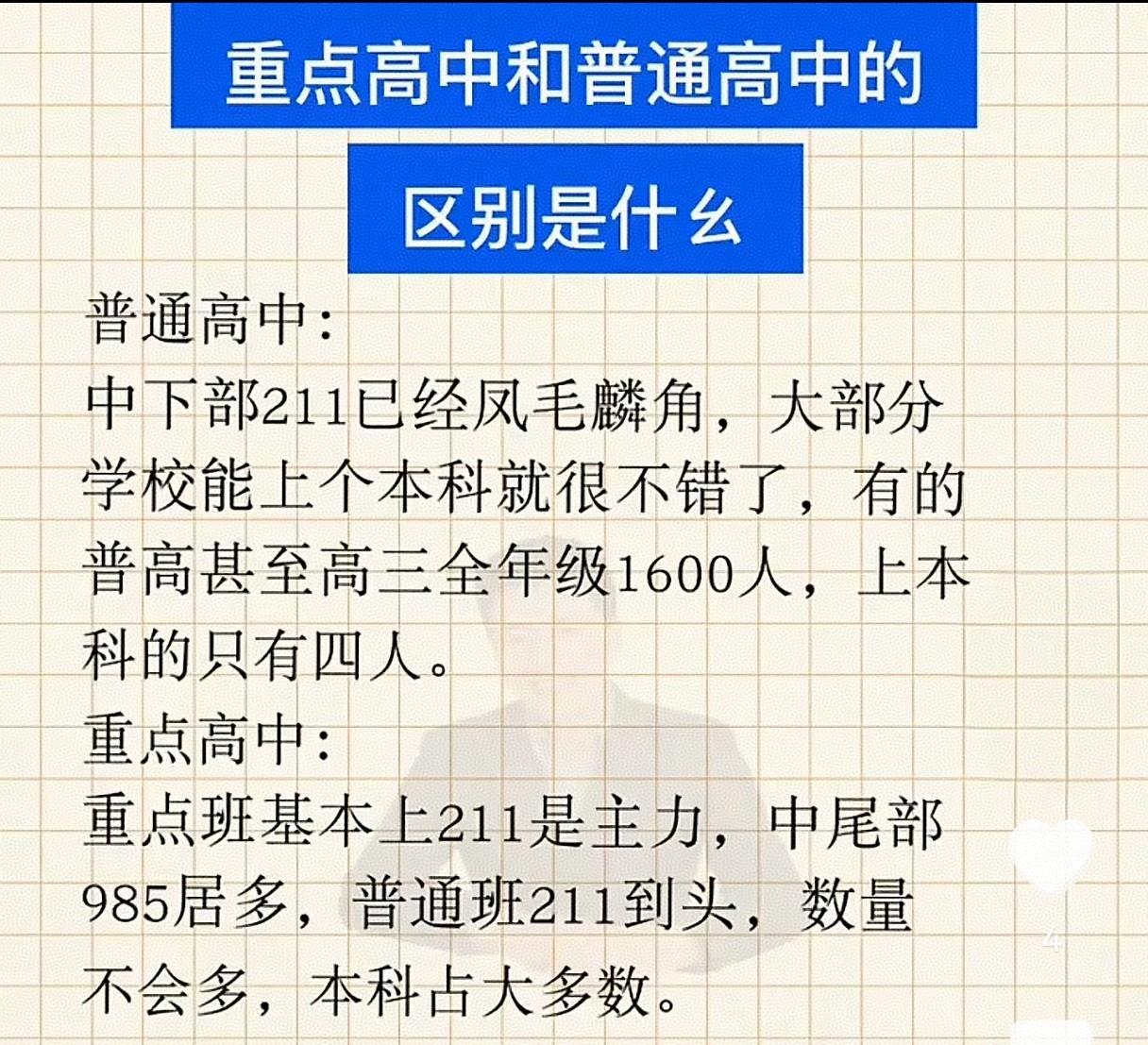普通高中：老师单打独斗，学生单打独斗，能出一个211，其人能力胜过重点高中的9