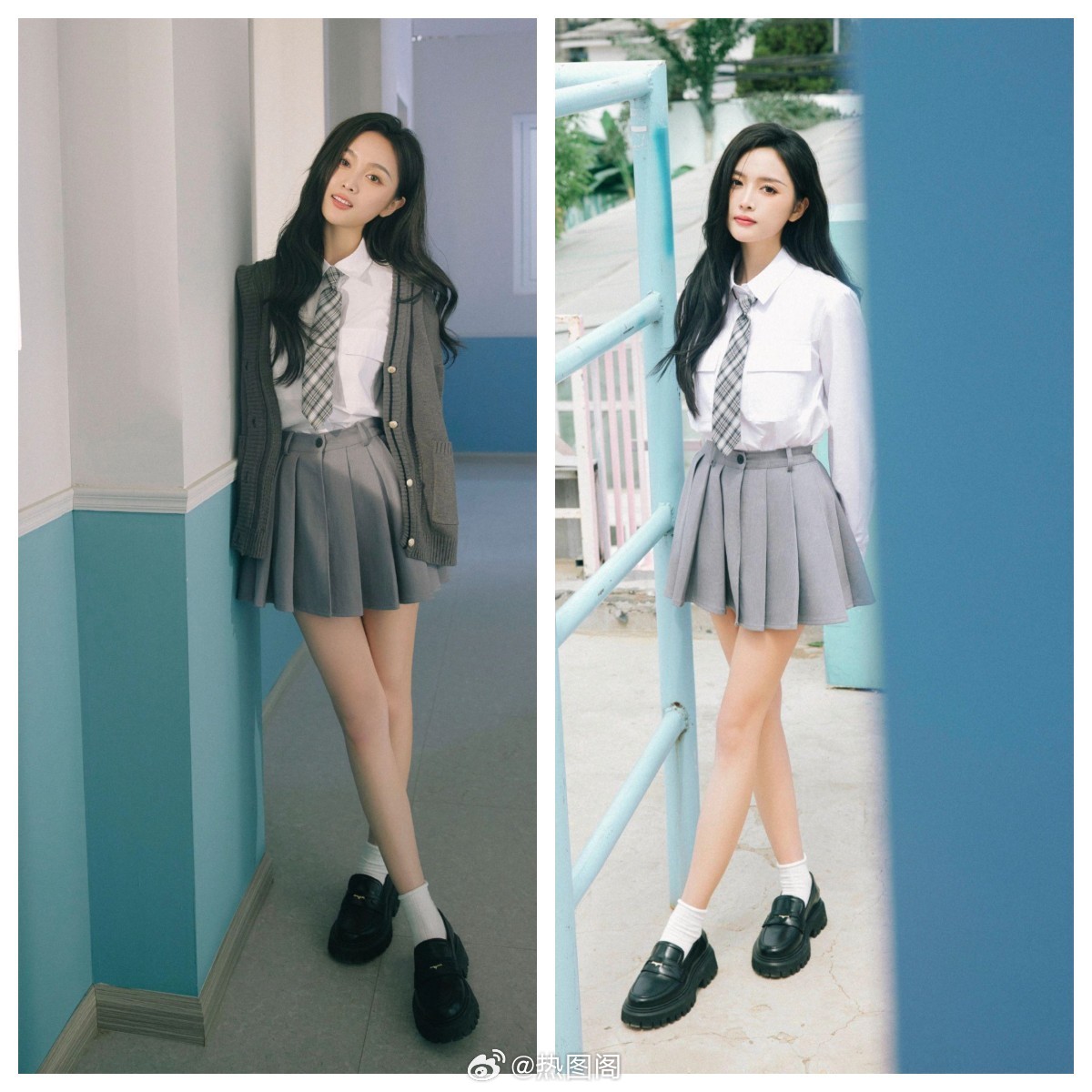 吴宣仪，校园学姐穿，白衬衣小灰裙，美腿白袜子，纯美可人。吴宣仪热图阁公众号