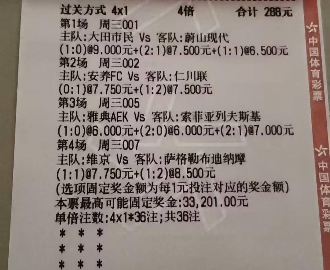 8个球队，但凡有一个球队进球数达到3个，这张200多元的彩票就作废了，比如安养上