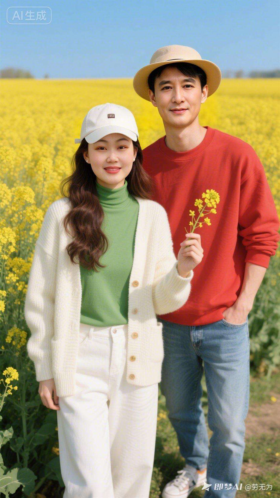 这对情侣在花田里享受美好时光。