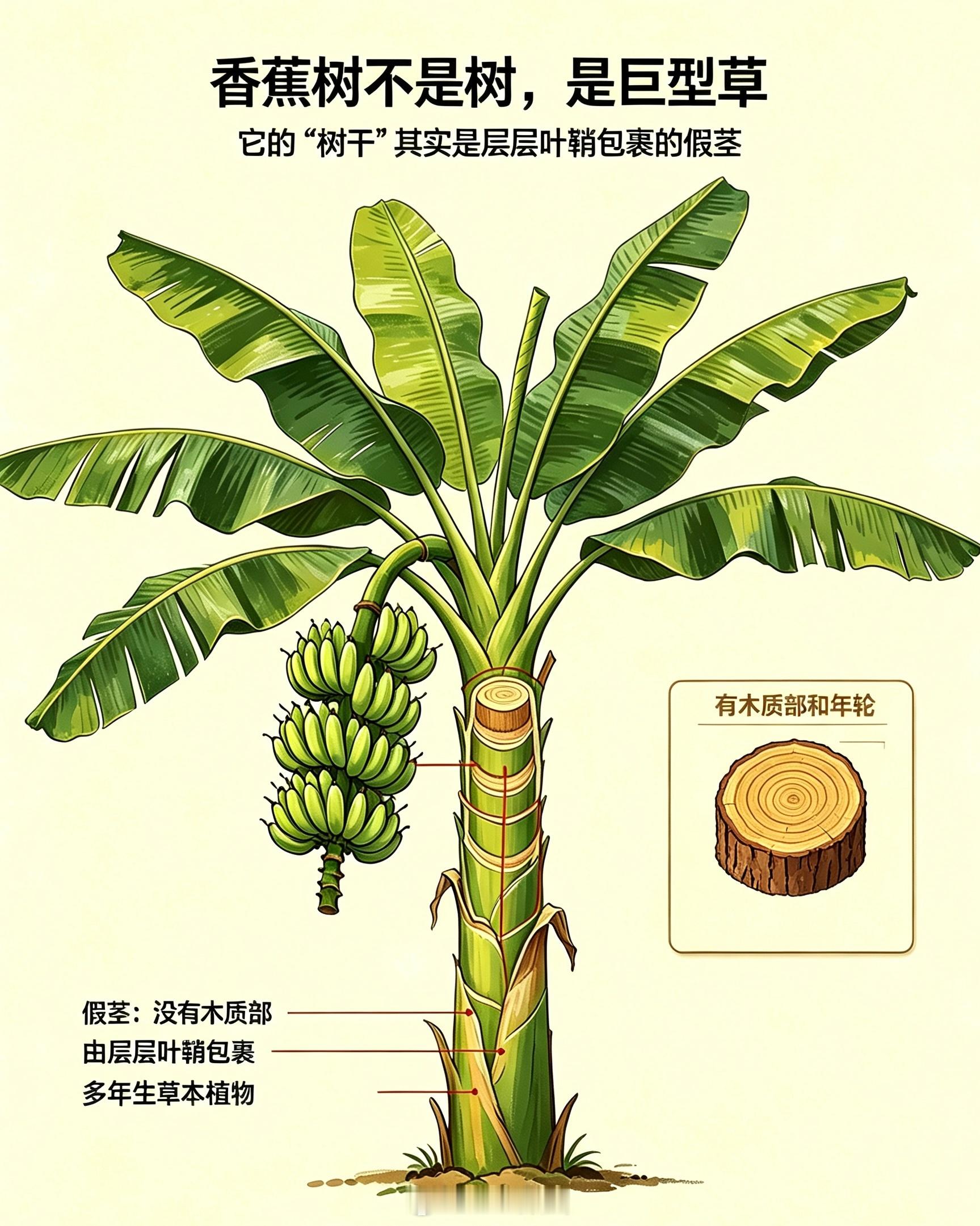 香蕉树不是树，是巨型草：香蕉“树干”其实是层层叶鞘包裹的假茎，没有木质部，属于多