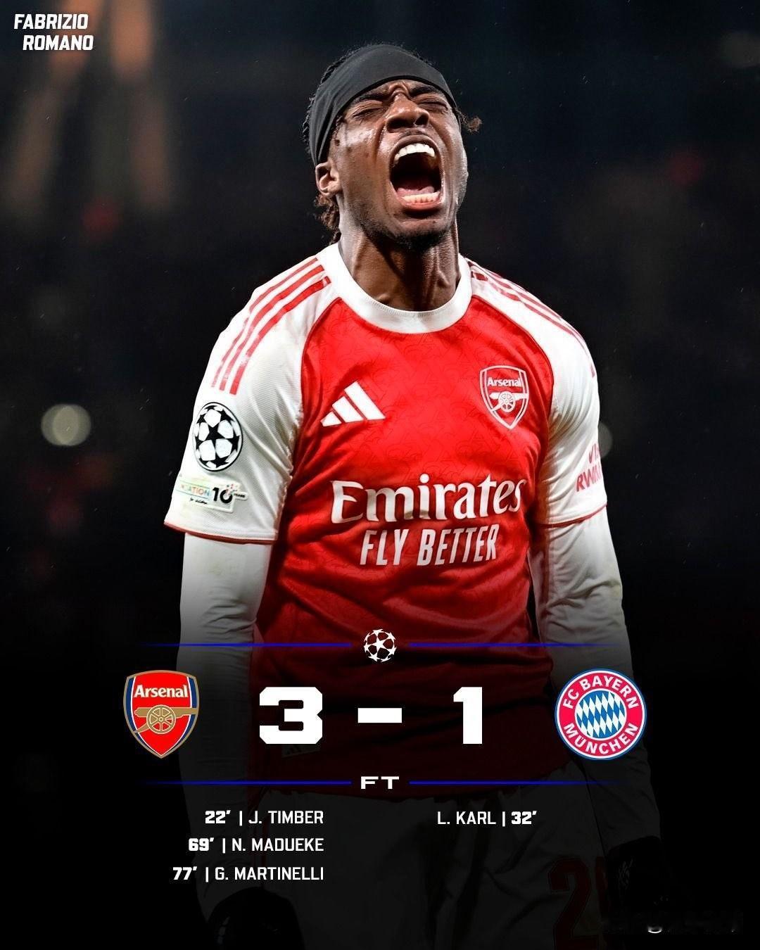 真的是不可战胜的，阿森纳3-1完胜拜仁剑指欧冠冠军!在阿森纳与拜仁的欧冠焦点