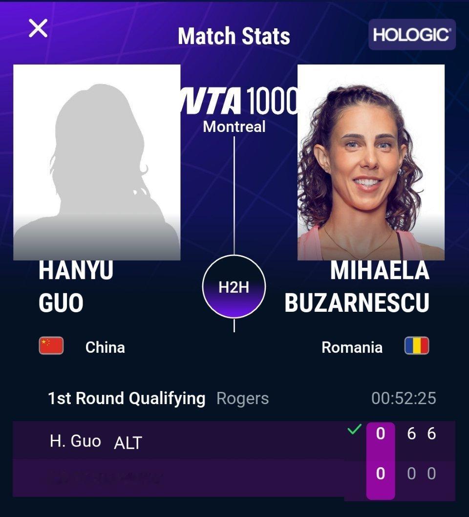 WTA1000蒙特利尔站资格赛，替补入围的郭涵煜以6-06-0横扫布扎内斯库，