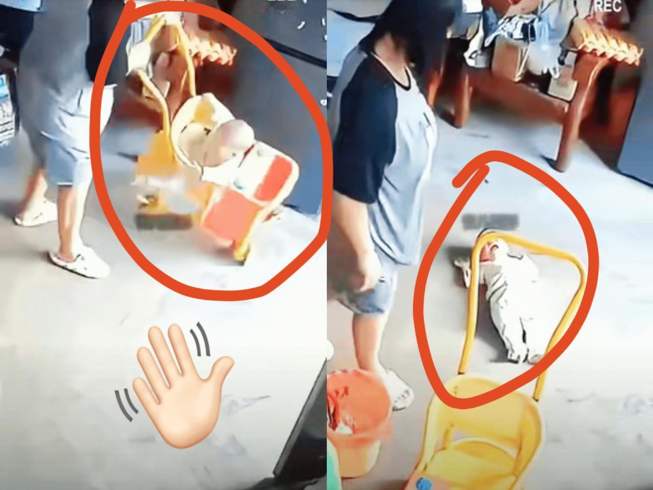 就因为不到1岁的小宝宝！坐在婴儿车里不停的哭闹，妈妈居然像倒垃圾似的把娃头朝下