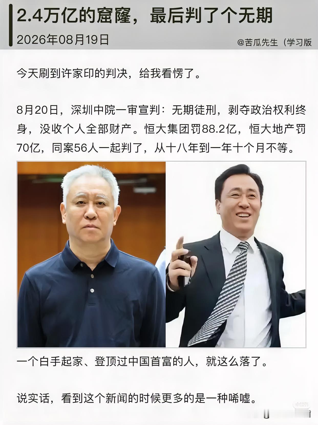 2.4万亿的窟窿，最后判了个无期终于知道许家印为什么敢贷这么多钱不还了，经济类