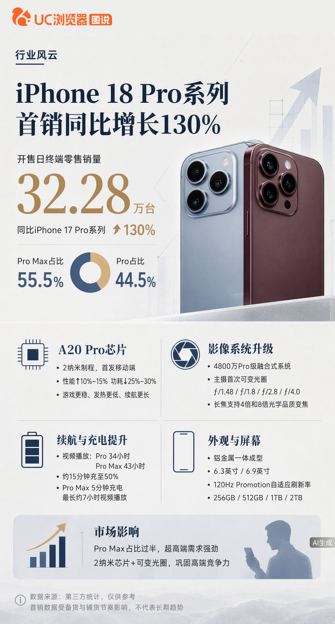 iPhone18Pro首销约32万台，同比涨30%，超一半人选了万元顶配。2纳米芯片加可变光圈确实能