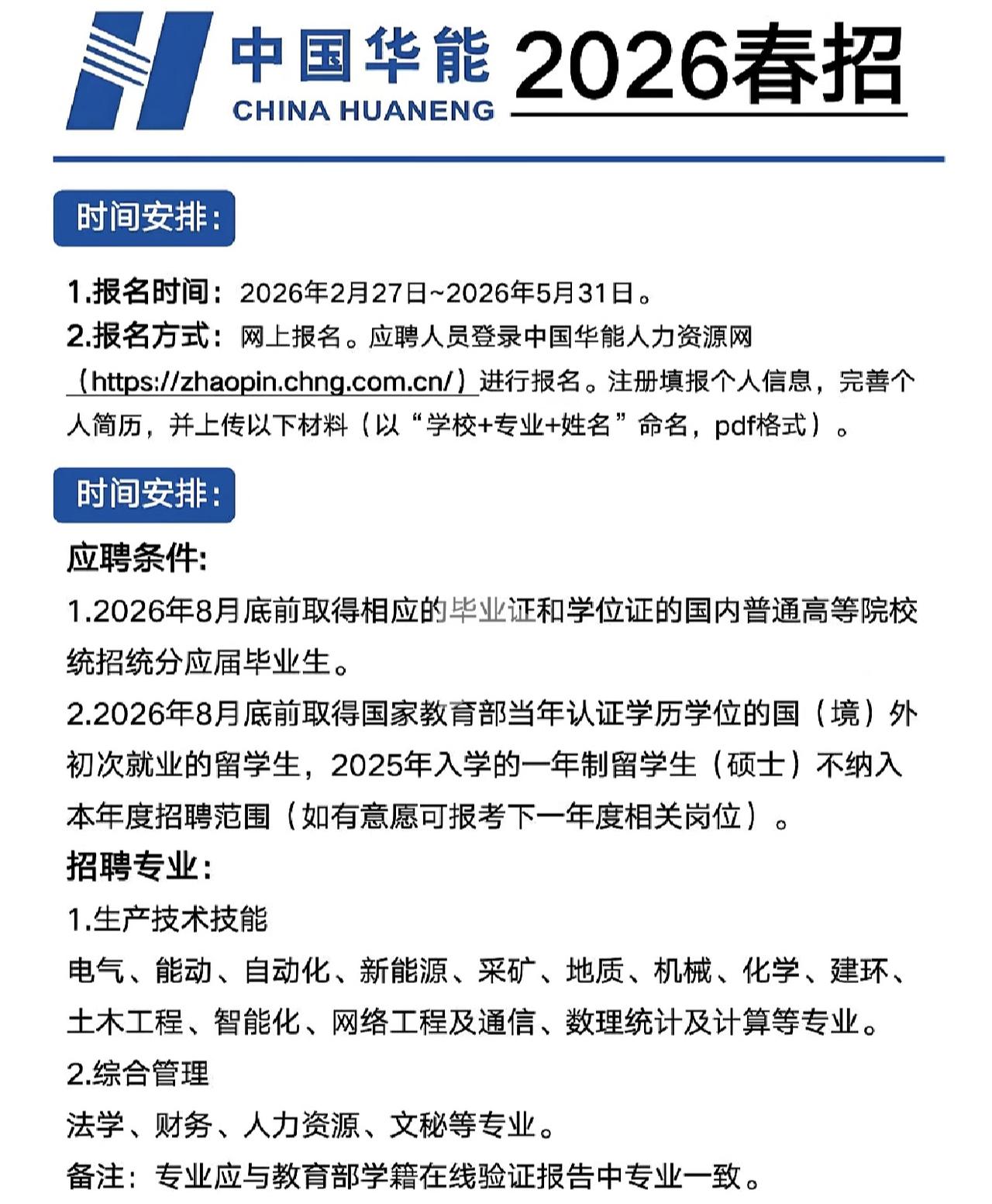 同学们，中国华能2026春季招聘还没截止，这可是咱们理工科，尤其是电气、能动、新