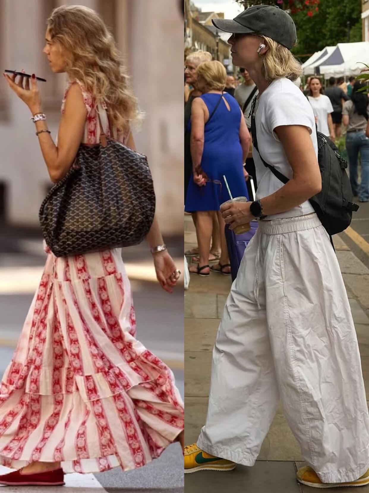 太喜欢这样的松弛感穿搭了，很简约气质！基础款白T、垂感阔腿裤、印花长裙，搭配草